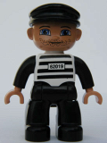 LEGO 47394pb035 Duplo Figure Lego Ville, Male, Black Legs, Black and White Striped Top with Number 62019, Black Arms, Light Flesh Hands, Black Cap (Prisoner)