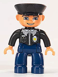 LEGO 47394pb107 Duplo Figure Lego Ville, Male Police, Dark Blue Legs, Black Top with Badge, Black Arms, Light Flesh Hands, Black Hat, Blue Eyes